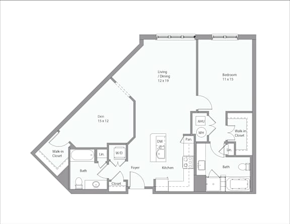 A floor plan of a house with a living room, two bathrooms, a kitchen, a dining room, and a walk-in closet.