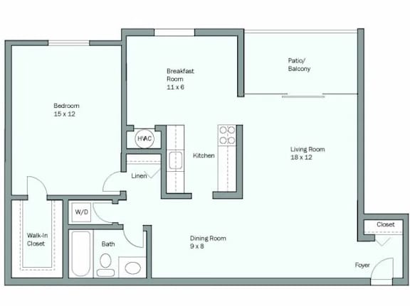 A floor plan of a house with a bedroom, bathroom, living room, dining room, kitchen, breakfast room, and foyer.