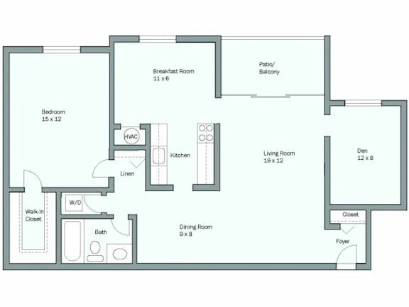 A floor plan of a house with a breakfast room, dining room, living room, and kitchen.