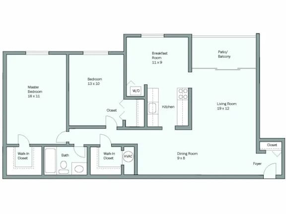 A floor plan of a house with a living room, dining room, kitchen, two bathrooms, two bedrooms, a breakfast room, and a patio.