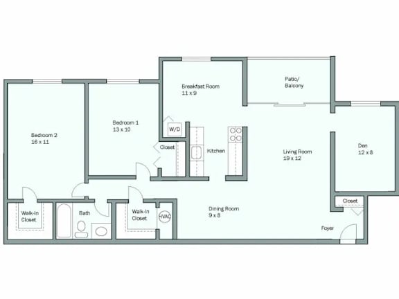 A floor plan of a house with a living room, two bedrooms, a bathroom, a breakfast room, a pantry, a den, a foyer, and a kitchen.