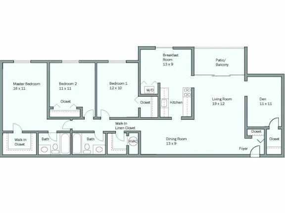 A floor plan of a house with a master bedroom, two bathrooms, a living room, a dining room, a kitchen, a breakfast room, a patio, and a foyer.