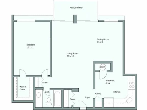 A floor plan of a house with a living room, dining room, kitchen, and bedrooms.