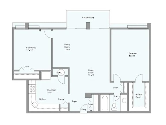 A floor plan of a house with labeled rooms such as Bedroom 2, Dining Rooms, Kitchen, and Bath.