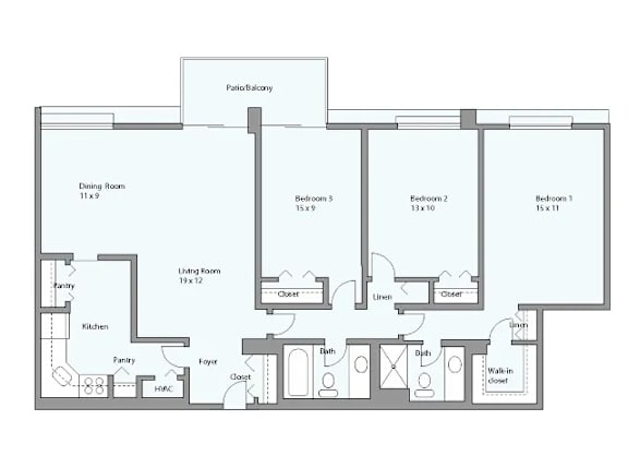 A floor plan of a house with a living room, dining room, kitchen, and three bedrooms.