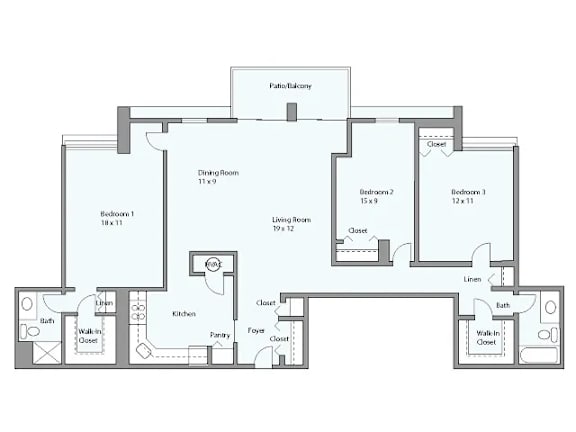 A floor plan of a house with labeled rooms such as Bedroom 1, Kitchen, and Bath.