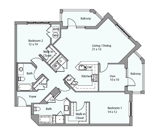 A floor plan of a house with two bedrooms, a living area, a kitchen, a bathroom, a foyer, and a balcony.