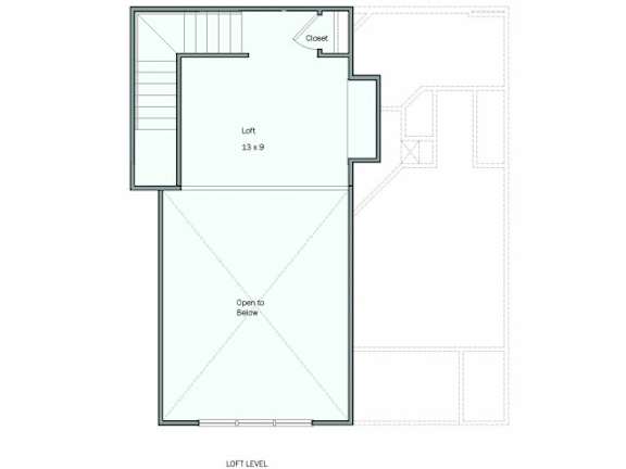 A floor plan of a loft apartment with a staircase on the left and a loft level.