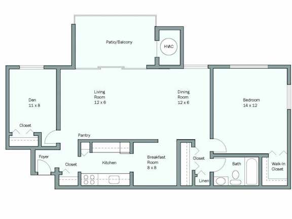 A floor plan of a house with a living room, dining room, kitchen, pantry, and several closets.