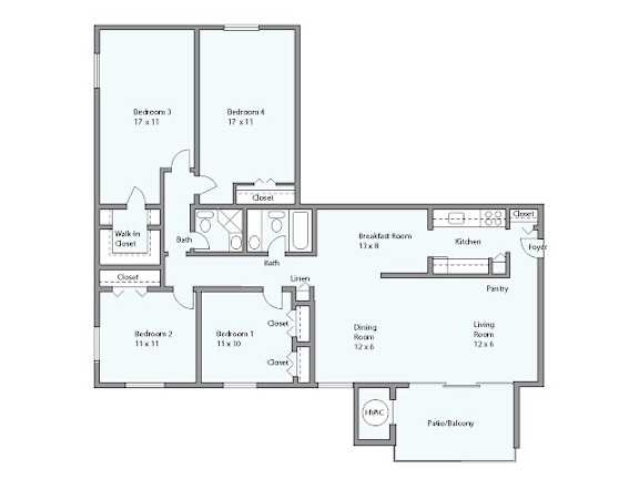 A floor plan of a house with two bedrooms, a living room, a dining room, a kitchen, a bathroom, a breakfast room, a pantry, and a laundry area.