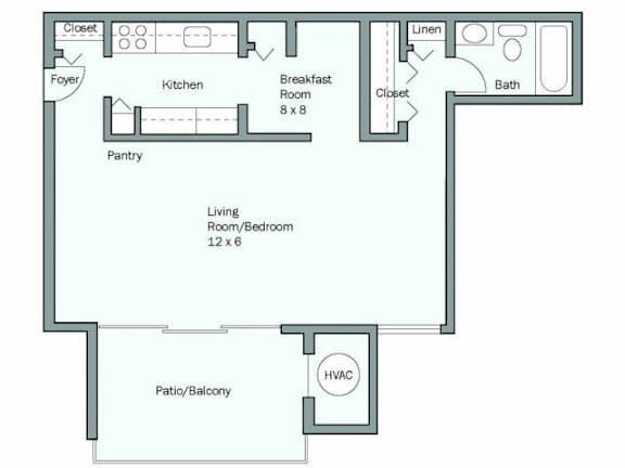 A floor plan of a house with a living room, pantry, kitchen, breakfast room, closet, bath, and HVAC.