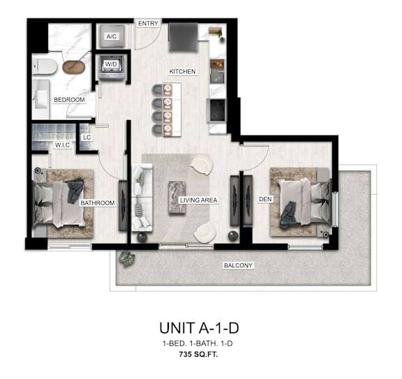 A diagram of a floor plan for a unit labeled A-1-D.