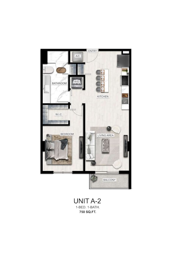 A floor plan of a one bedroom, one bathroom apartment.