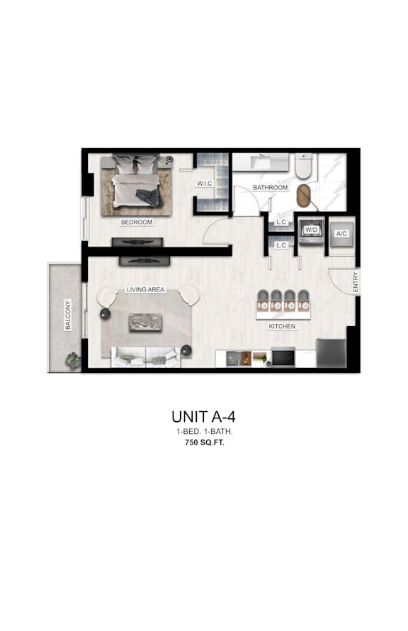 A floor plan of a 1-bedroom, 1-bathroom apartment.