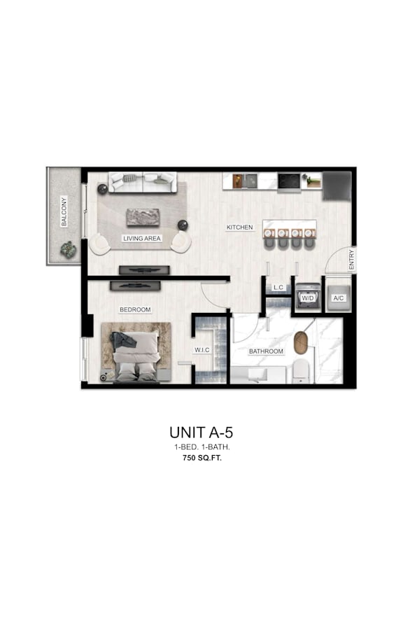 A drawing of a floor plan for a 1-bedroom, 1-bathroom apartment sized at 750 square feet.