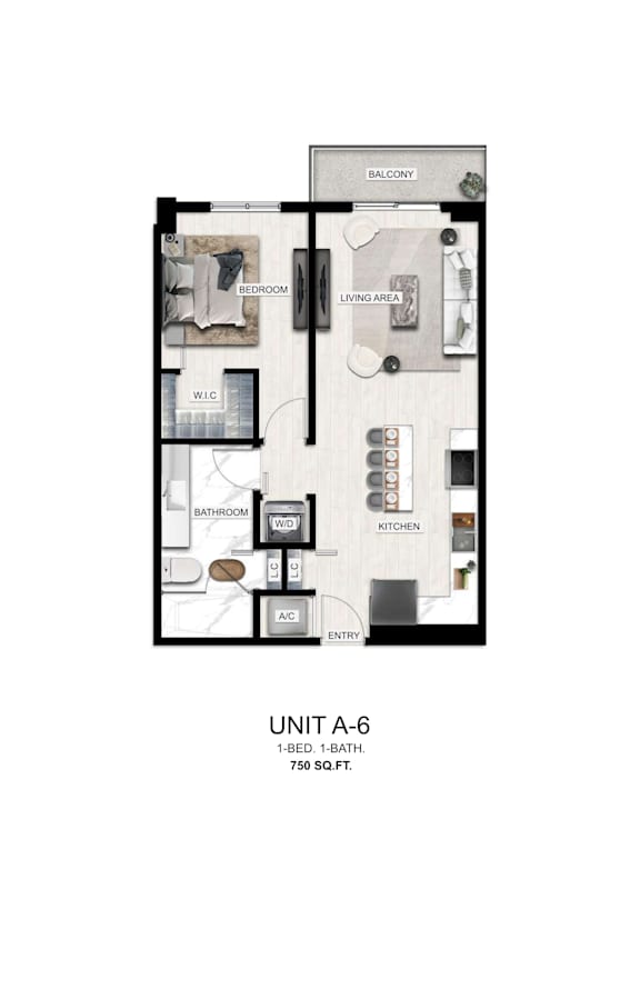 A diagram of a 1-bedroom, 1-bathroom apartment with a living area and kitchen.