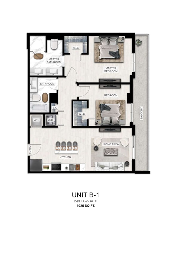 A floor plan of a 2-bedroom, 2-bathroom apartment.