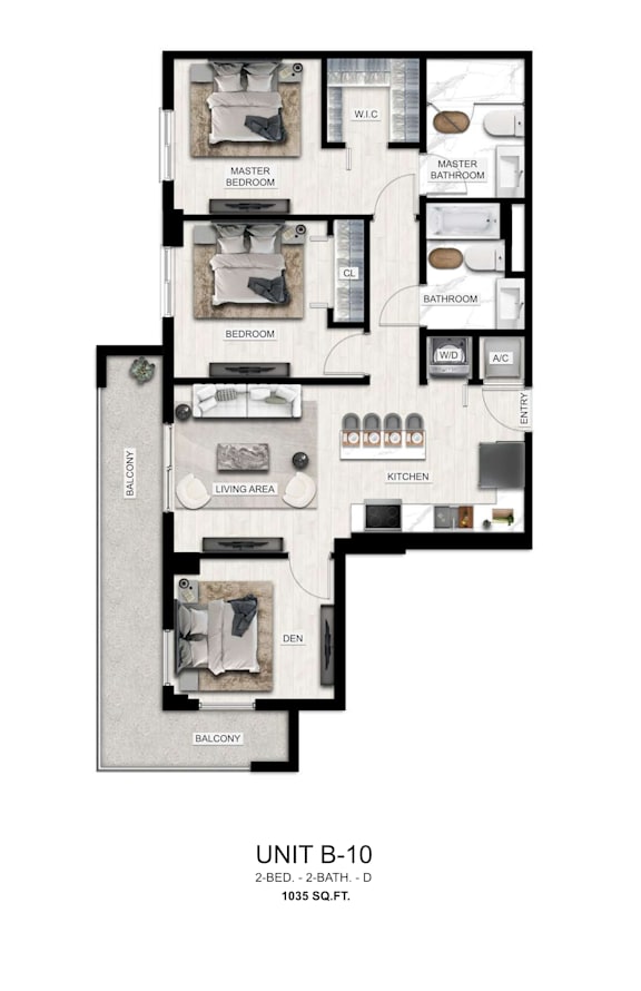 A floor plan of a 2-bedroom, 2-bathroom apartment.