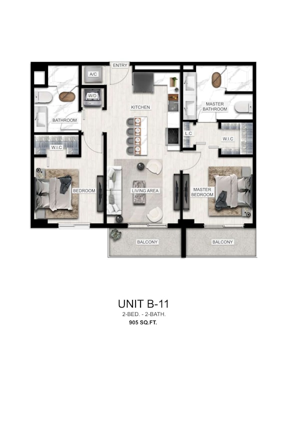 A diagram of a 2-bedroom, 2-bathroom apartment with a balcony.
