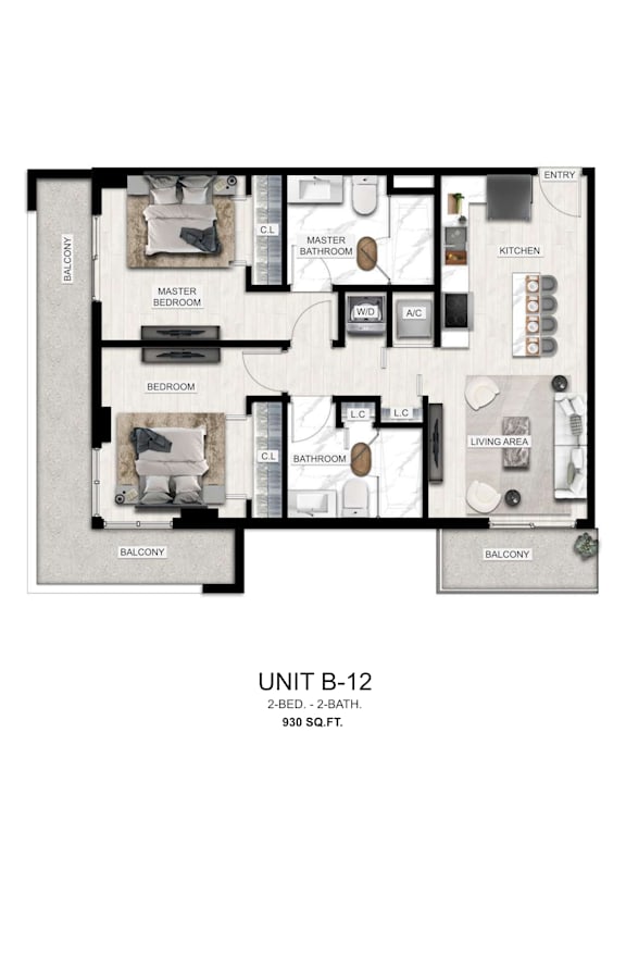 A diagram of a floor plan for a 2 bedroom, 2 bath unit.