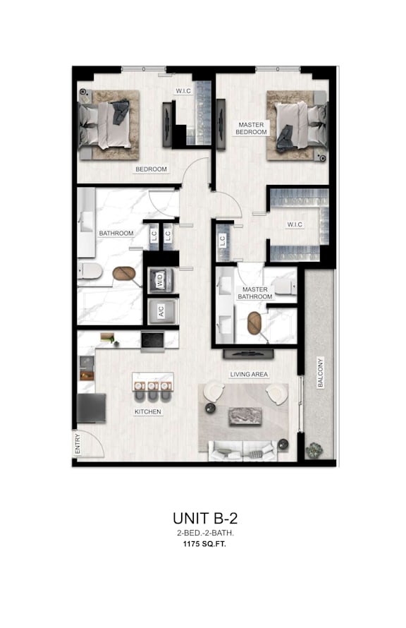 A floor plan of a 2 bedroom, 2 bathroom apartment sized 1178 square feet.