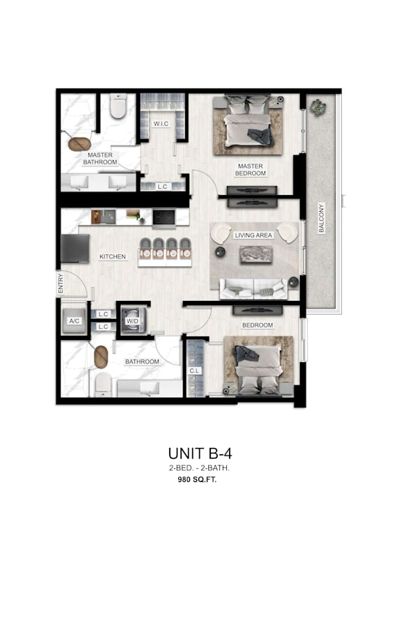 A floor plan of a 2 bedroom, 2 bathroom apartment.