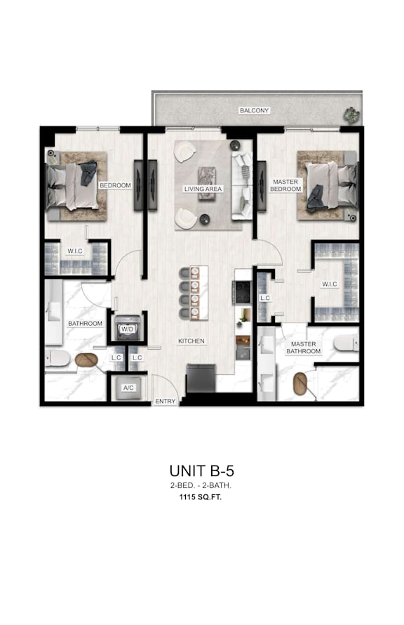 A floor plan of a 2-bedroom, 2-bathroom apartment.