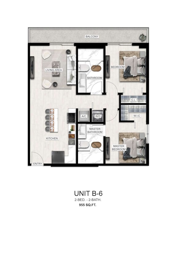 A drawing of a floor plan for a 2 bedroom, 2 bathroom apartment sized 955 square feet.