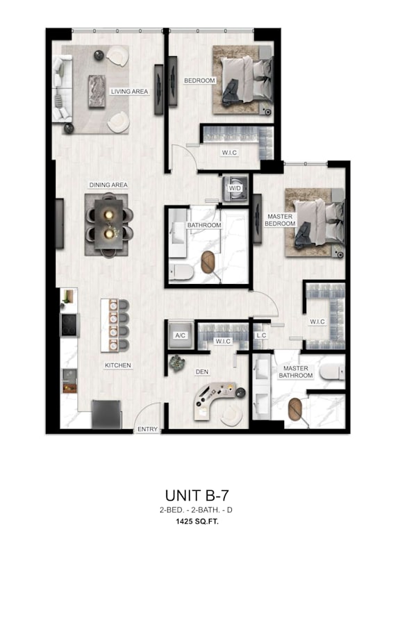 A floor plan of a 2-bedroom, 2-bathroom apartment.