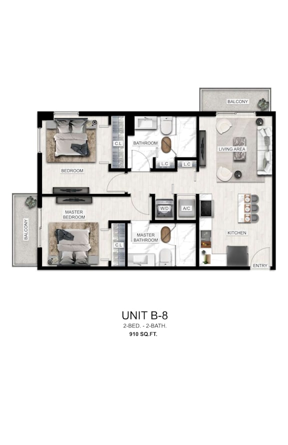 A floor plan of a 2-bedroom, 2-bathroom apartment.