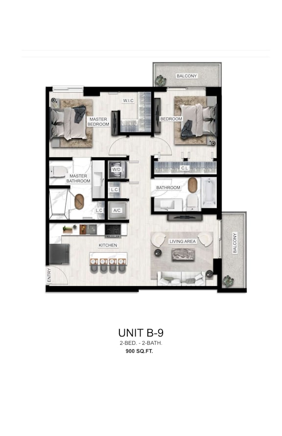 A floor plan of a 2-bedroom, 2-bathroom apartment sized at 900 square feet.