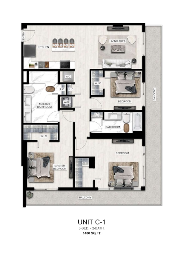 A floor plan of a 3 bedroom, 2 bathroom apartment.