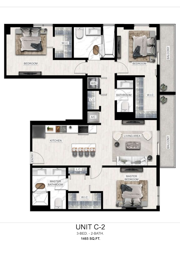 A floor plan of a 3-bedroom, 2-bathroom apartment sized at 1465 square feet.