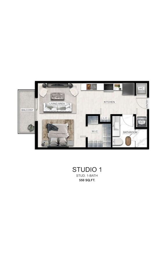 A floor plan of a studio apartment with a living area, kitchen, and bathroom.