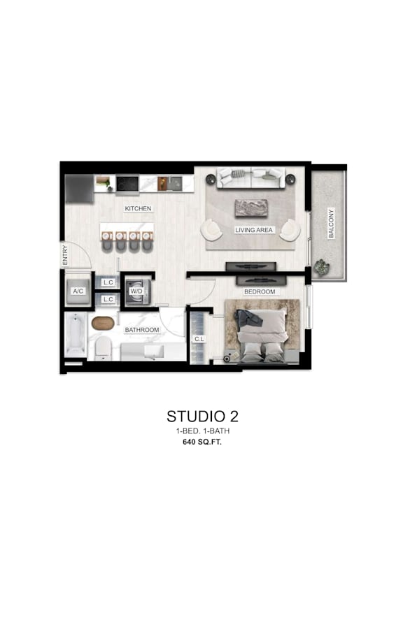A floor plan of a studio apartment with a kitchen, living area, bedroom and bathroom.