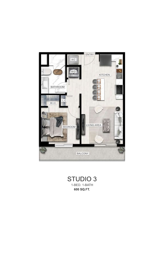 A floor plan of a studio apartment with a kitchen, living area, and bathroom.