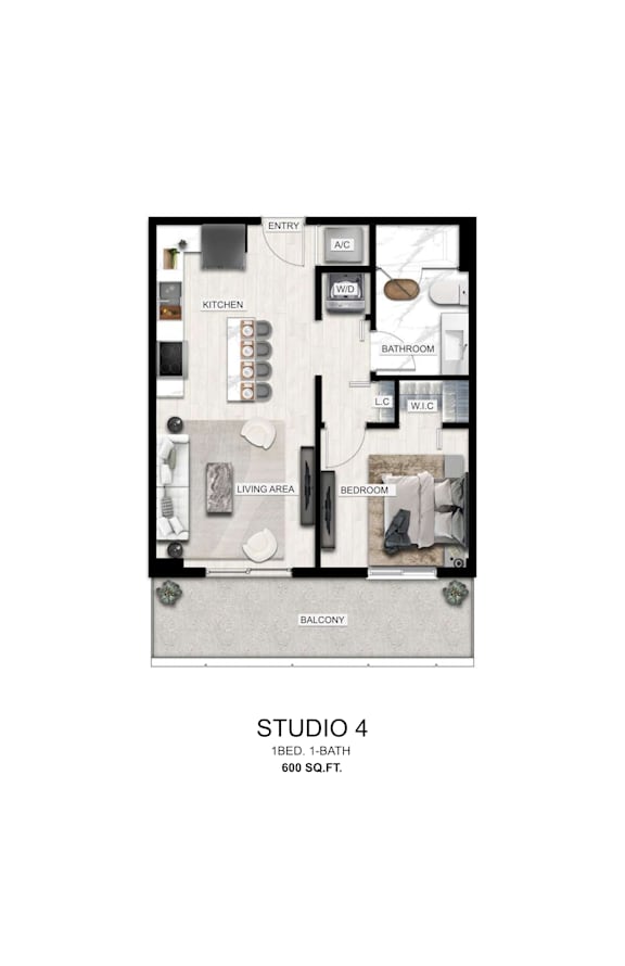 A floor plan of a studio apartment with a living room, kitchen, and bathroom.