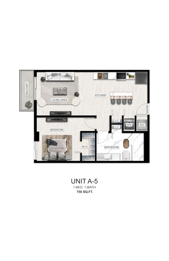 A drawing of a floor plan for a 1-bedroom, 1-bathroom apartment sized at 750 square feet.