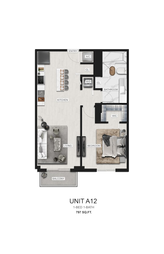 A floor plan of a 1-bedroom, 1-bath apartment with a living room, kitchen, and balcony.