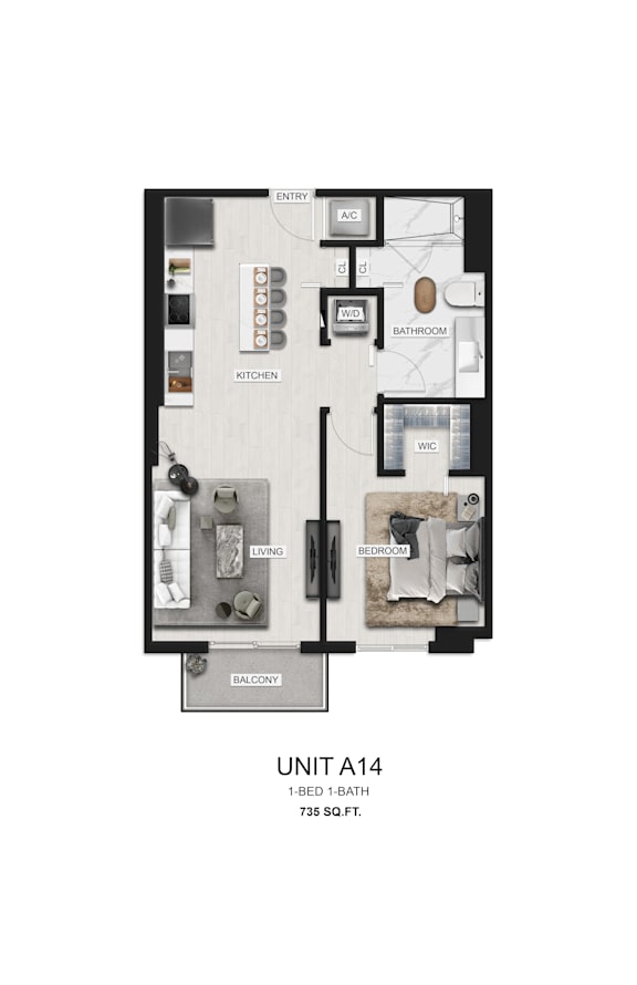 A floor plan of a 1-bedroom apartment with a bath.