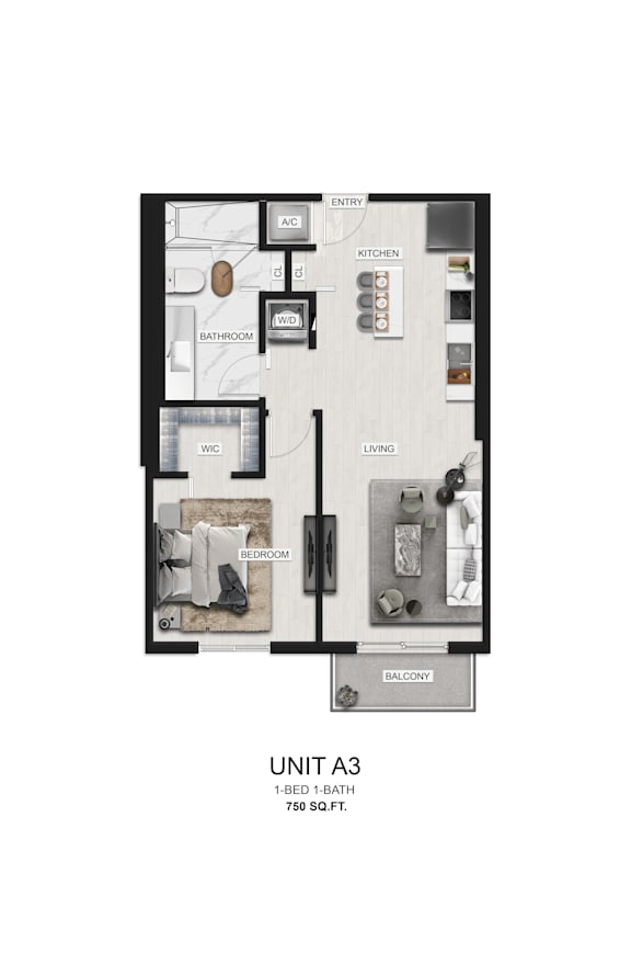 A diagram of a 1-bed apartment with a bath and a balcony.