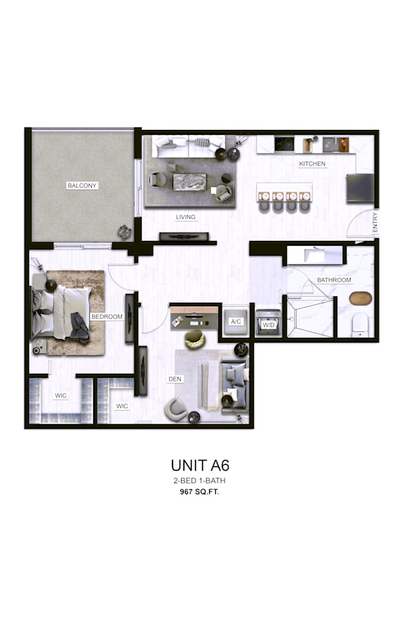 A floor plan of a 2-bedroom, 1-bath apartment.