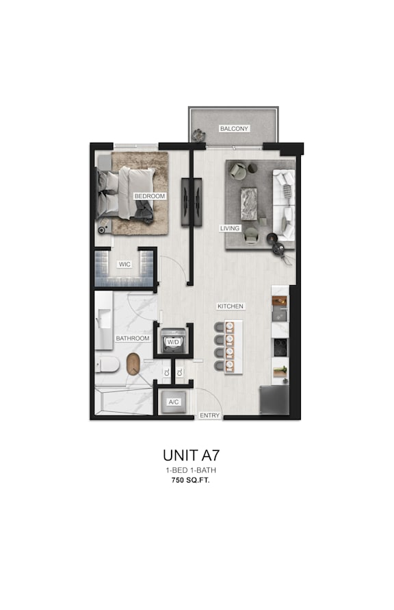 A floor plan of a 1-bedroom apartment with a bath.