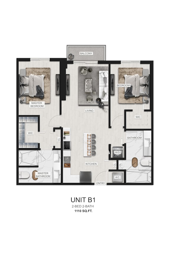 A floor plan of a unit with a master bedroom, a bathroom, a living room, a dining room, a kitchen, and a laundry room.