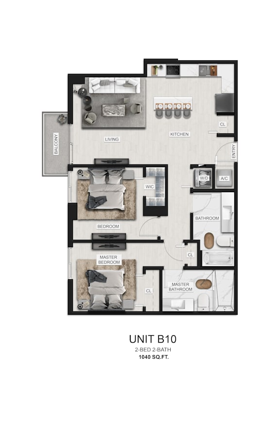 A floor plan of a 2-bedroom, 2-bathroom apartment.