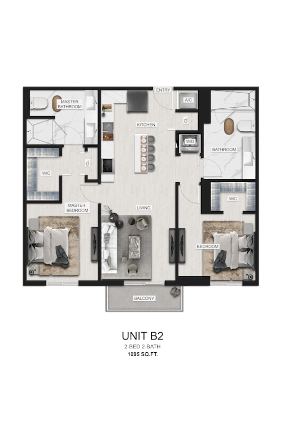 A floor plan of a 2 bedroom, 2 bath unit.