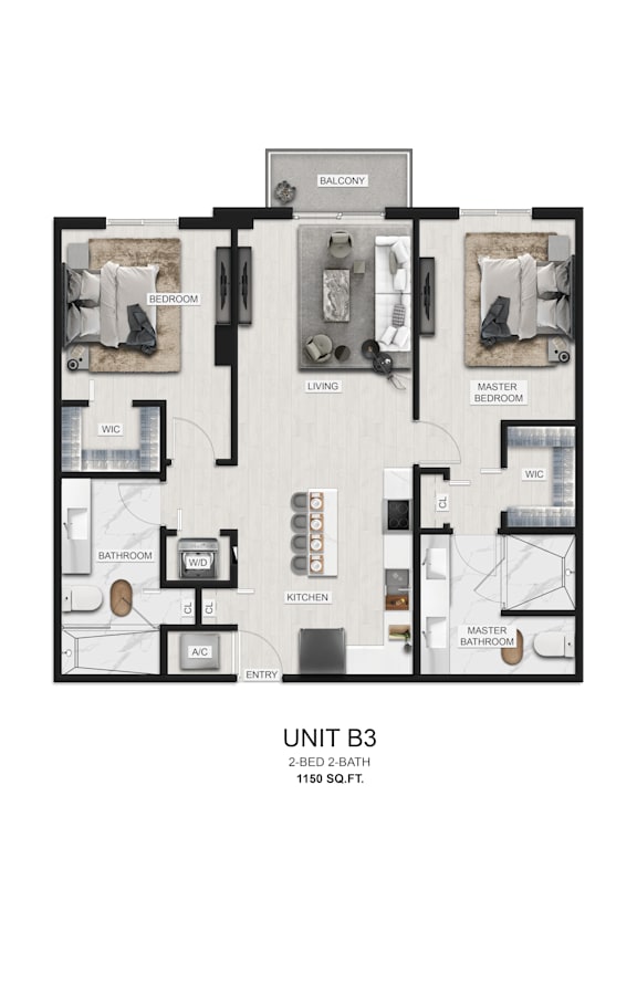 A floor plan of a 2-bedroom, 2-bath unit with a living room, dining room, kitchen, and laundry area.
