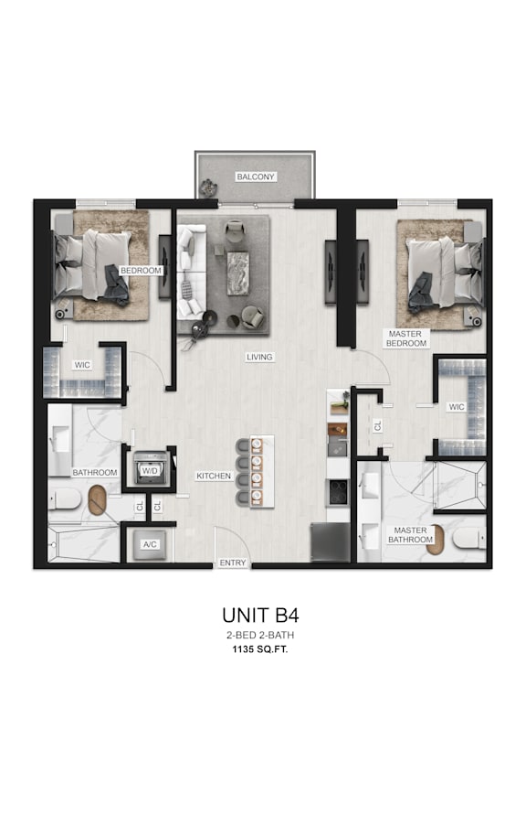 A floor plan of a 2-bedroom, 2-bathroom apartment.