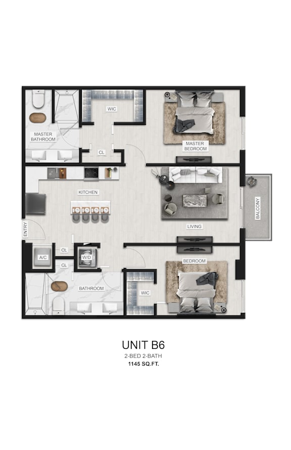 A floor plan of a unit with a living room, dining room, kitchen, and bathroom.