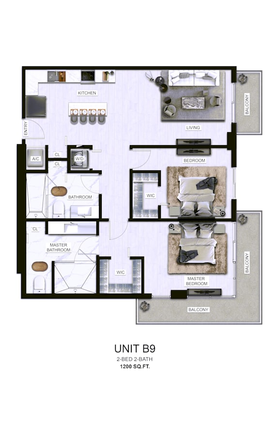 A floor plan of a 2-bedroom, 2-bathroom apartment with a living room, kitchen, and bathrooms.